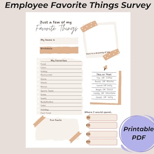 Mitarbeiter Lieblings Dinge Übersicht | Mitarbeiter-Favoriten-Liste | Mitarbeiter Wertschätzung | Fragebogen beantworte ich gerne Mitarbeiter Fragen Printable