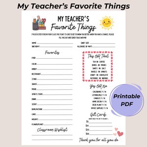 Teacher Favorite Things Questionnaire | Printable Teacher Survey Template | Teacher Appreciation | Get To Know Teacher  All About My Teacher