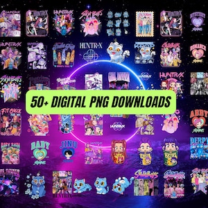 Puede incluir: Una colección de descargas PNG digitales con varios diseños. La imagen muestra una variedad de gráficos coloridos, incluyendo ilustraciones de personajes, texto y logotipos, sobre un fondo vibrante con temática espacial. El texto en la imagen dice "50+ DIGITAL PNG DOWNLOADS".