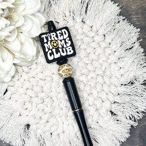 Tired Moms Club Pen | Funny Beaded Pens | Beaded Silicone Pen | Retro Smiley Pen | Office Gift | Pen Coworker Gift Mama Gift