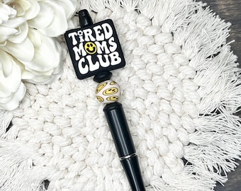 Tired Moms Club Pen | Funny Beaded Pens | Beaded Silicone Pen | Retro Smiley Pen | Office Gift | Pen Coworker Gift Mama Gift