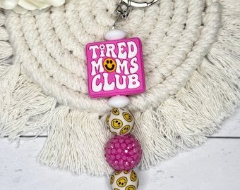 Mama Keychain Tired Moms Club Keychain Gift Beaded Keychain Pink Bling Character Keychain Silicone Beaded Bag Charm Gift for Friend