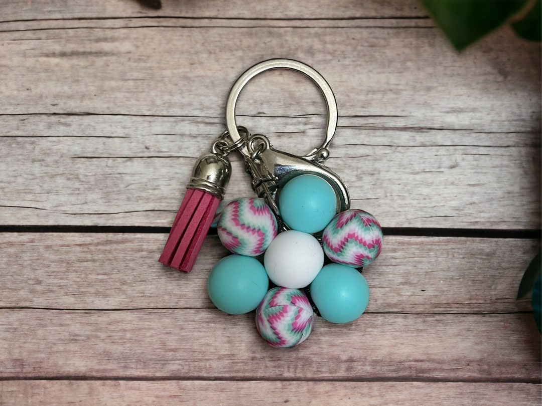 Flower Keychain | Pink and Teal Chevron Keychains | Gifts for Her ...