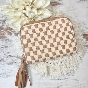 Portafoglio intrecciato a scacchi, porta carte in pelle vegana, regalo tote per lei, portafoglio alla moda, portafoglio piccolo, scacchiera marrone chiaro