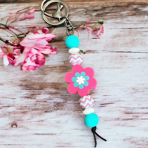 Flower Keychain Gift Beaded Keychain Bling Character Keychain Groovy Poppy Pink and Teal Cute Gift Bag Charm Gift for Friend Mother's Day