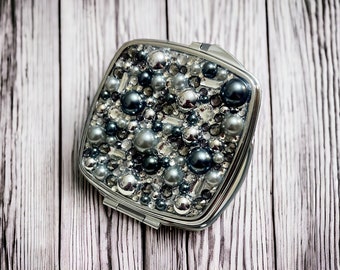 Compact Mirror Rhinestone Gunmetal Bling Pocket Mirror Gift for Her Pearl Bling Mirror for Home Office Compact Gift for Mother's Day