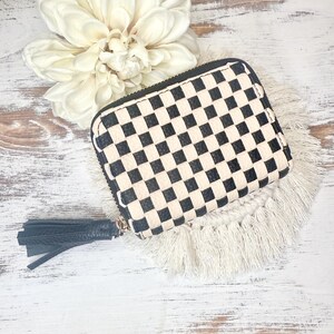 Portafoglio intrecciato a scacchi, porta carte in pelle vegana, regalo tote per lei, portafoglio alla moda, portafoglio piccolo, scacchiera bianca e nera