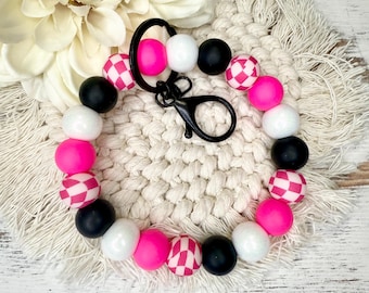 Hot Pink Checkered Silicone Beaded Wristlet Keychain