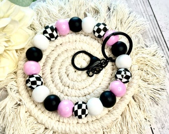 Beaded Keychain Wristlet | Checkered, Pastel Pink Silicone Beads