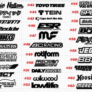 May include: A black and white image of 33 different car decals. The decals feature various car brands, logos, and slogans. Some of the decals include: Subie Nation, TOYO TIRES, TEIN, GReddy, TURBOXS, I HATERS, ENDLESS-NIGHTS, PRECISION TURBO & ENGINE, DAILYDRIVEN, and WILKWOOD.