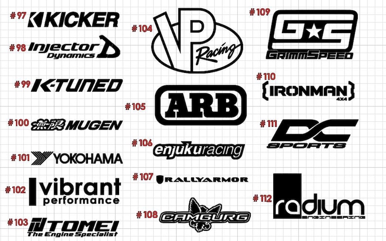 May include: A black and white image of 12 different car part and accessory brand logos. The logos are arranged in two columns with numbers next to each logo. The logos include Kicker, Injector Dynamics, K-Tuned, Mugen, Yokohama, Vibrant Performance, Tomei, VP Racing, ARB, Enjukuracing, Rally Armor, GrimmSpeed, Ironman 4x4, DC Sports, and  Radium Engineering.