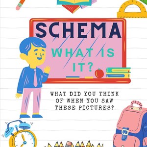 Könnte beinhalten: Eine rosa und rote Tafel mit dem Text "SCHEMA WHAT IS IT?" darauf. Ein Cartoon-Lehrer zeigt auf die Tafel. Um die Tafel herum sind weitere Schulmaterialien zu sehen, darunter ein Buch, Bleistifte, ein Lineal, ein Geodreieck, ein Wecker, ein Rucksack und ein Stapel Bücher.