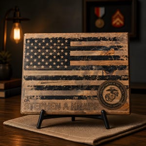 May include: Wooden plaque with a distressed American flag design, featuring black stripes and white stars. The plaque includes the text "CPL STEPHEN A KNAPP" and a circular emblem of the United States Marine Corps.