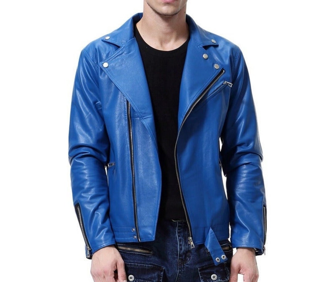 Royal Blue Cafe Racer Motorcycle Leather Jacket | Jacket Hunt M