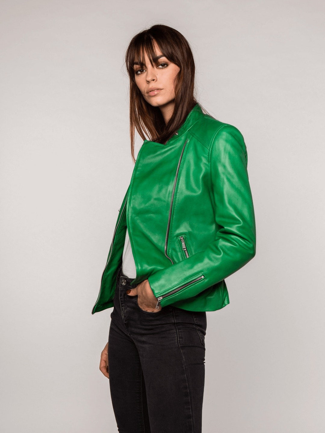 Women's Green Genuine Leather Biker Moto Jacket Etsy