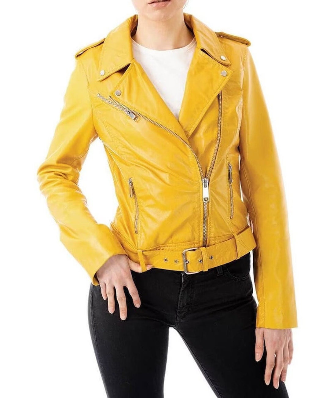 Handmade Women Yellow Leather Biker Jacket Women's Yellow Etsy