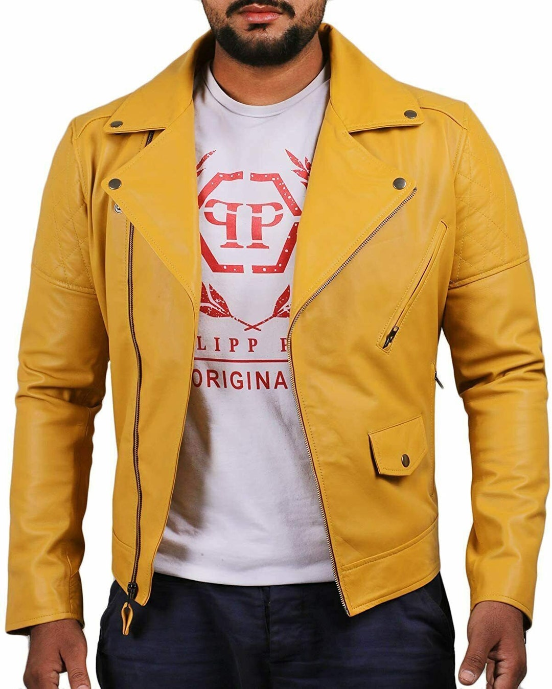 Men's Yellow Genuine Lambskin Leather Biker Jacket Etsy