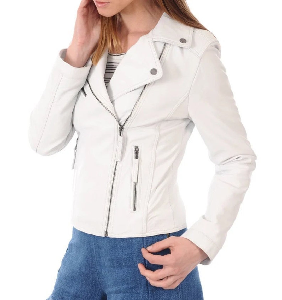 Women's White Leather Biker Jacket Womens White Genuine Etsy