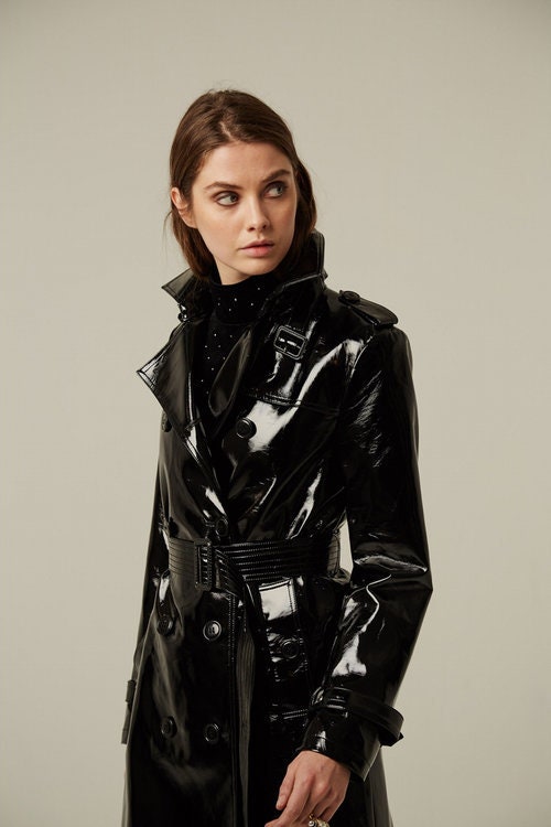 Women's Black Patent Leather Trench Coat Black Patent - Etsy