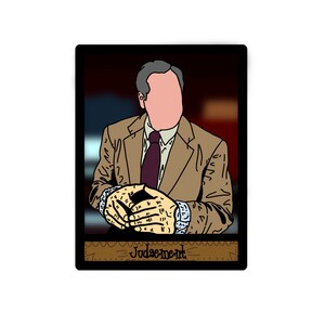 May include: A brown and black tarot card with a man in a brown suit and a burgundy tie. The card has the word "Judgement" written on it.
