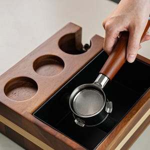 Espresso Tamping Station Knock Box for 51mm 54mm 58mm Portafilters – Walnut Base with Removable Metal Bin – Espresso Accessories Holder