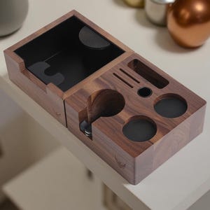 Espresso Station Setup – Walnut Tamper Holder & Knock Box | 54mm / 58mm Espresso Accessories Organizer