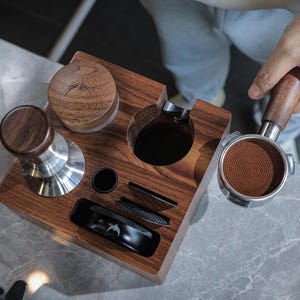 Walnut Espresso Accessories Kit – 54mm 58mm Portafilter, Tamper, Tamping Station, Barista Tools