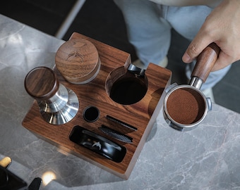 Walnut Espresso Accessories Kit – 54mm 58mm Portafilter, Tamper, Tamping Station, Barista Tools