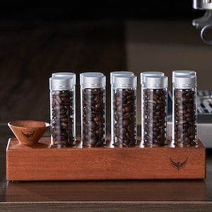 Borosilicate Glass Coffee Bean Storage Tubes with Walnut Stand