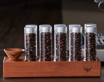 Single Dose Coffee Bean Storage Tubes - Borosilicate Glass Coffee Bean Cellar with Wooden Display Stand, Walnut Funnel, Extra Tubes