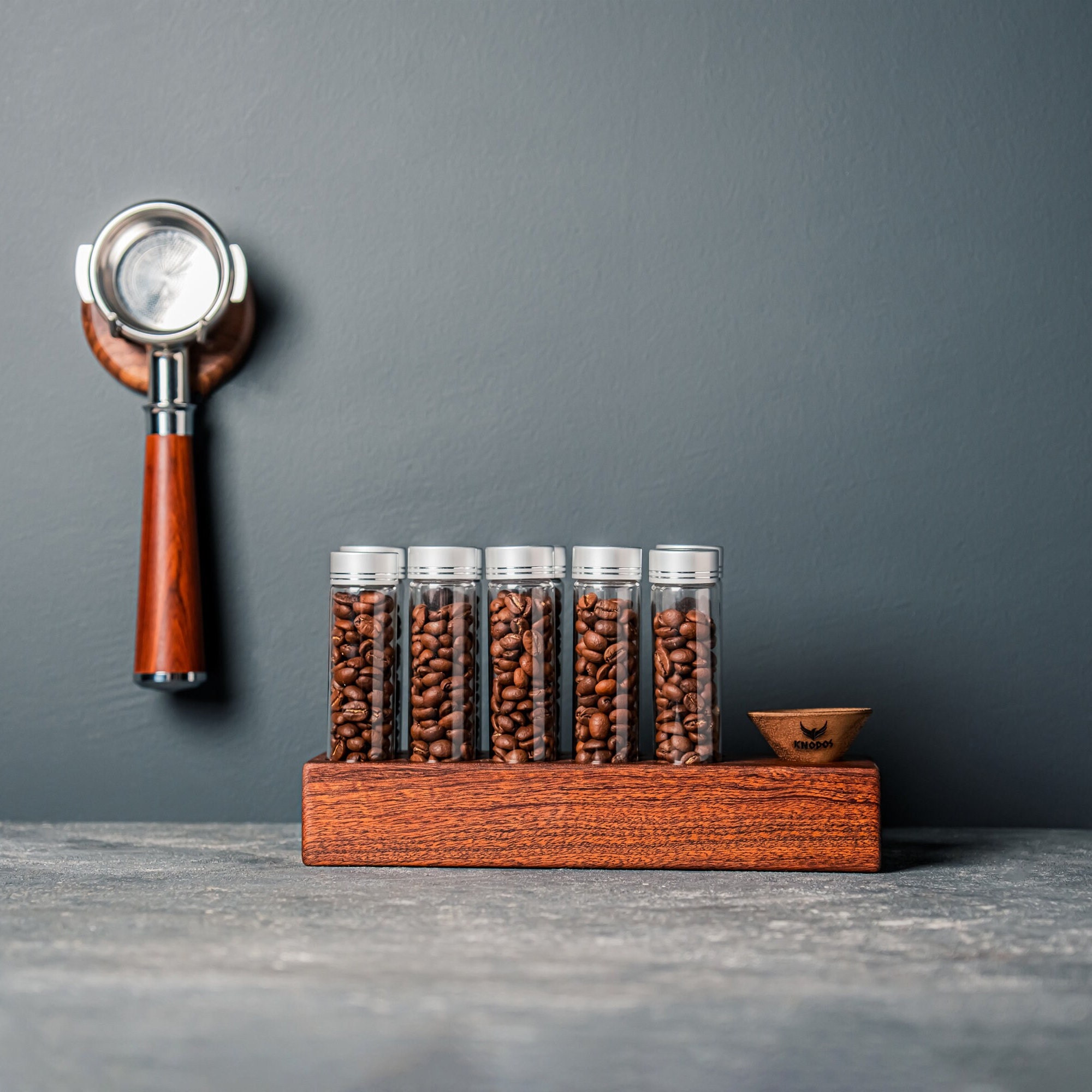 Coffee Bean Dosing Cup Set With Walnut Cup, Stainless Steel Spoon & 8