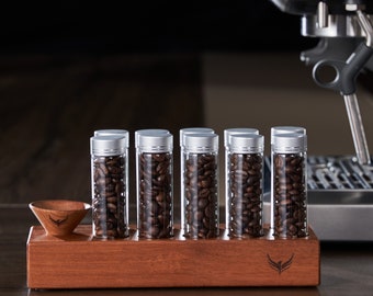 Single Dose Coffee Bean Storage Tubes - Borosilicate Glass Coffee Bean Cellar with Wooden Display Stand, Walnut Funnel, Extra Tubes