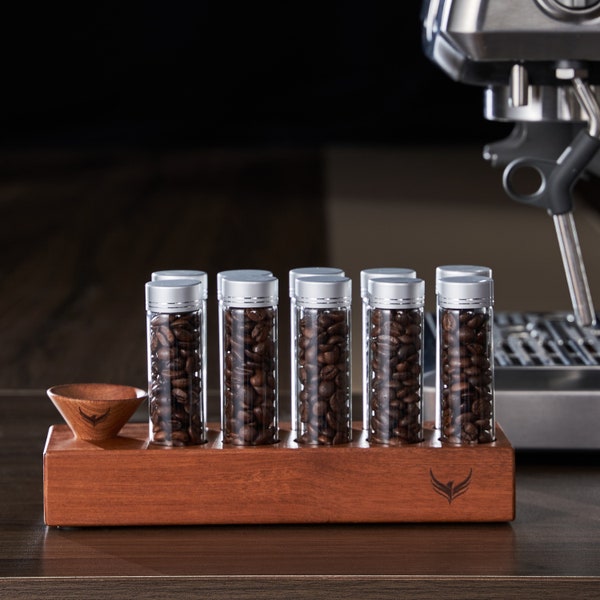 Single Dose Coffee Bean Storage Tubes - Borosilicate Glass Coffee Bean Cellar with Wooden Display Stand, Walnut Funnel, Extra Tubes