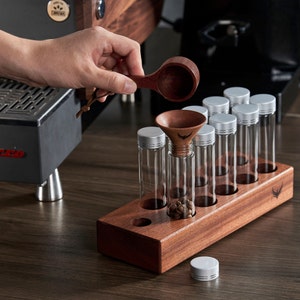 Single Dose Coffee Bean Storage: Glass Vials, Wooden Stand & Funnel
