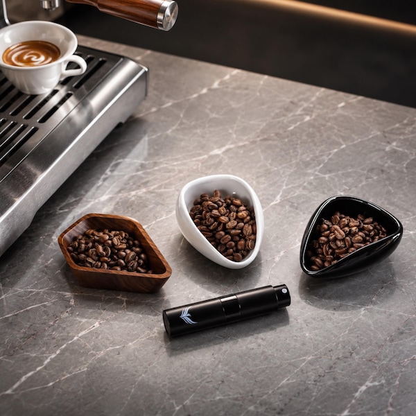 May include: An espresso machine with a cup of coffee, three small bowls filled with coffee beans, and a black coffee grinder on a marble countertop. The bowls are wood, white, and black.