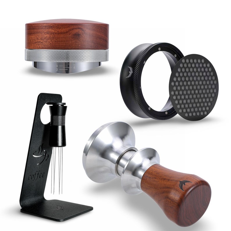 May include: A set of coffee tools including a tamper, a distributor, a portafilter holder, and a tamper with a wooden handle.