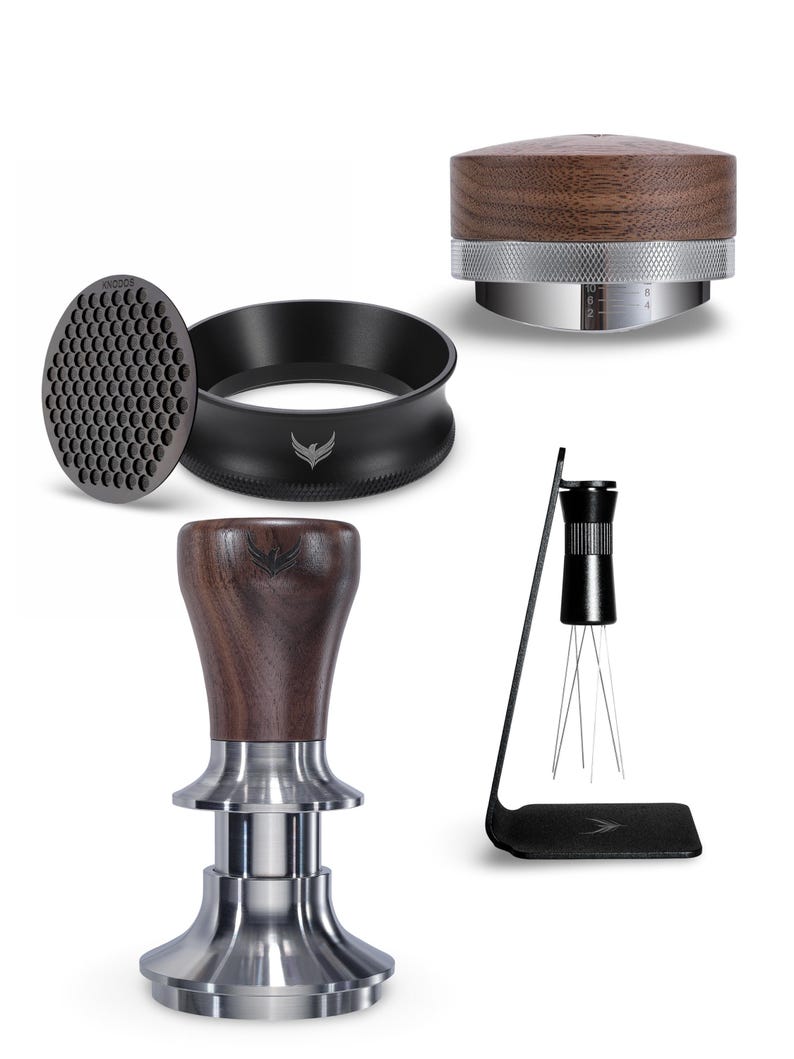 Espresso Tool Kit: Calibrated Tamper, WDT Tool, Dosing Funnel, Puck Screen Walnut