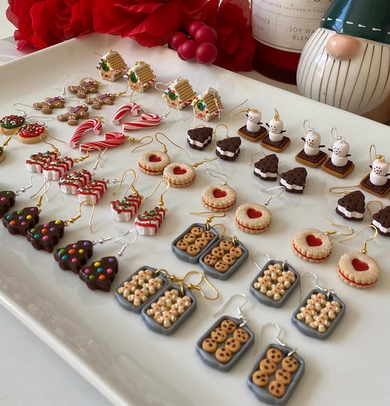 Christmas food earrings - candy cane earrings - Christmas tree earrings - holiday earrings - Christmas bakery - ginger bread house earrings