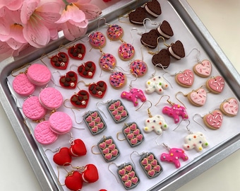 Valentine’s Day earrings - Valentine’s Day food earrings - Valentine’s Day cookies - box of chocolates - pink earrings - cookie earrings