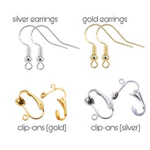 May include: Image displaying different earring designs. Features silver and gold earrings with hook fastenings, and clip-on earrings in gold and silver. Text labels indicate each style.