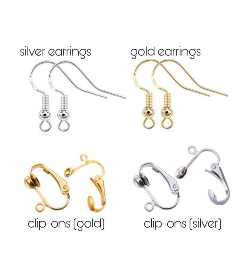 May include: Image displaying different earring designs. Features silver and gold earrings with hook fastenings, and clip-on earrings in gold and silver. Text labels indicate each style.
