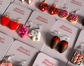 Valentine’s Day earrings - Valentine’s Day food earrings - Valentine’s Day cookies - box of chocolates - pink earrings - cookie earrings