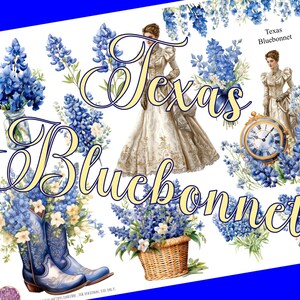 May include: A digital collage featuring a vintage-style illustration of bluebonnets, a woman in a white dress, and a pocket watch. The text "Texas Bluebonnet" is included in the image.