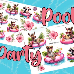 May include: A set of digital clipart images featuring various animals wearing sunglasses and floating on pink pool floaties. The animals include a cow, a donkey, a leopard, and a cheetah. The images are perfect for creating fun and whimsical designs for summer-themed projects.