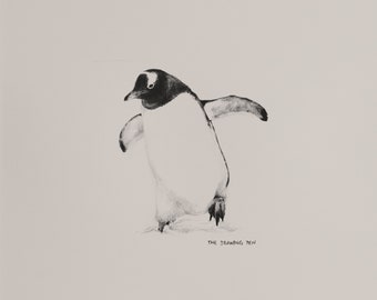 Penguin Pencil Drawing Wall Art | Minimalist Animal Wall Art Pencil Drawing | Fine Art Print with Mount | Black & White Wall Art