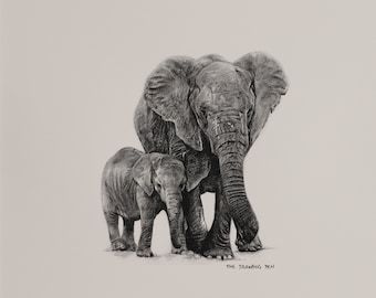 Elephant Pencil Drawing Wall Art | Minimalist Animal Wall Art Pencil Drawing | Fine Art Print with Mount | Black & White Wall Art
