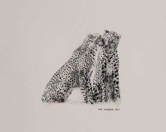 Cheetah Pencil Drawing Wall Art | Minimalist Animal Wall Art Pencil Drawing | Fine Art Print with Mount | Black & White Wall Art