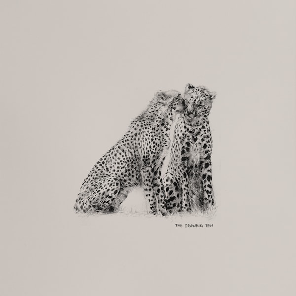 Gepard Bleistift Zeichnung Wandkunst | minimalistische Tier Wandkunst | Kunstdruck mit Passepartout | Schwarz Weiß Wandkunst