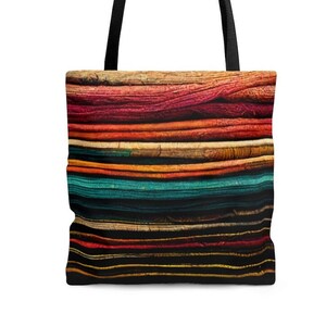 Stacked Colorful Fabric Pattern - Tote Bag, AI, Black Handle, Aesthetic, Artsy Gift, Artificial Intelligence, Pretty, Pattern