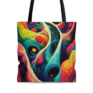 May include: A colourful tote bag with an abstract design featuring swirling lines and shapes in shades of blue, yellow, red, and green.